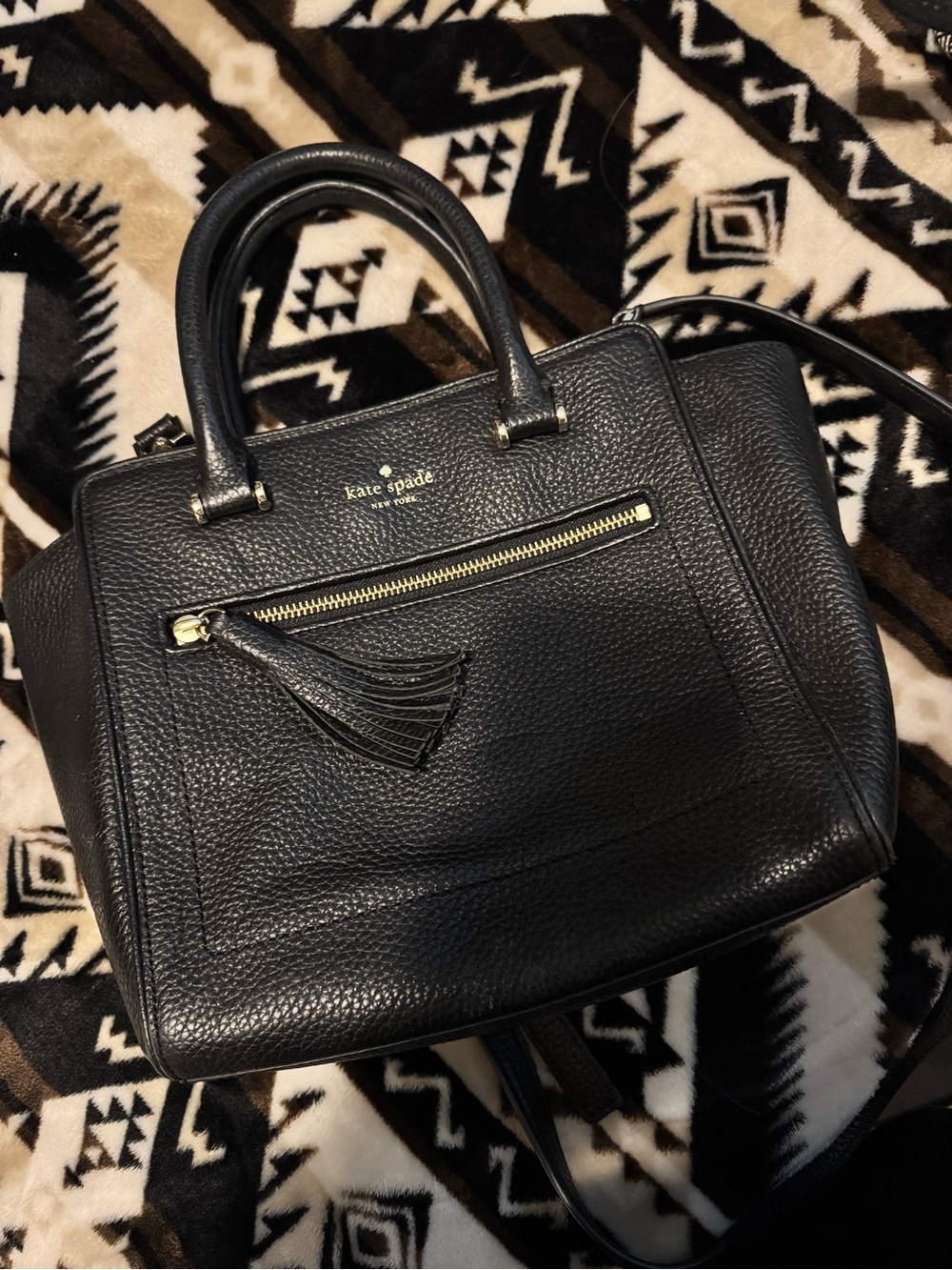 kate spade Black Pebbled Leather Satchel with Tassel Zip